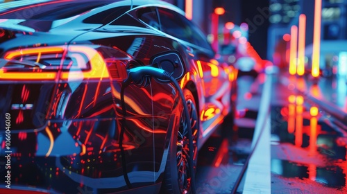 
Electric cars charging at night reflect bright colors.