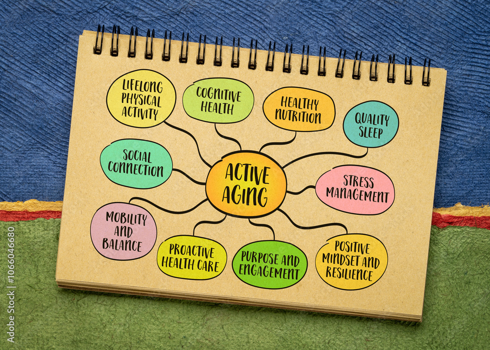 Φωτογραφία Active aging and longevity focus on maintaining health, vitality, and independence as we grow older, mind map infographics sketch
