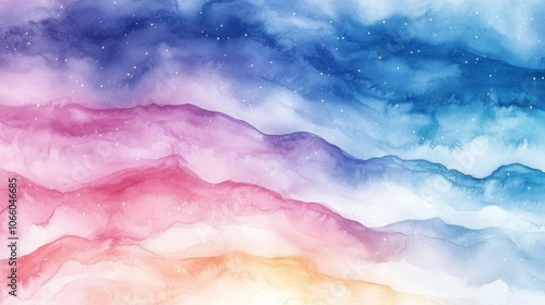 Watercolor Painting of a Starry Night Sky with Rainbow-Colored Mountains