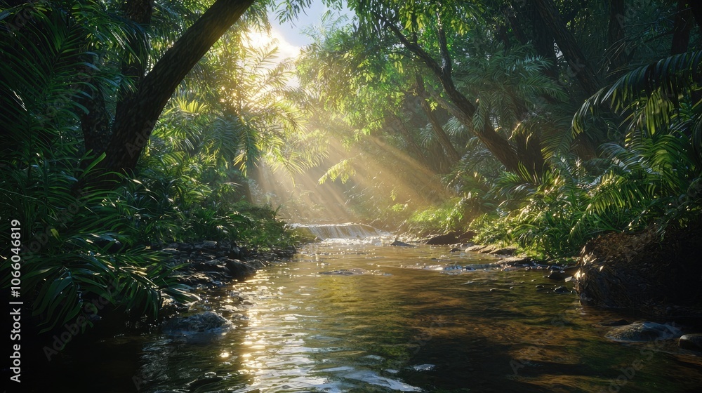 Fototapeta premium Sunbeams Through Dense Jungle Canopy Illuminating a Calm Creek
