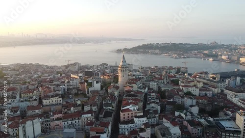 Istanbul Skyline Drone Footage Featuring Iconic Galata Tower, Bosphorus Views, and Historic Architecture in a Stunning Aerial Cityscape