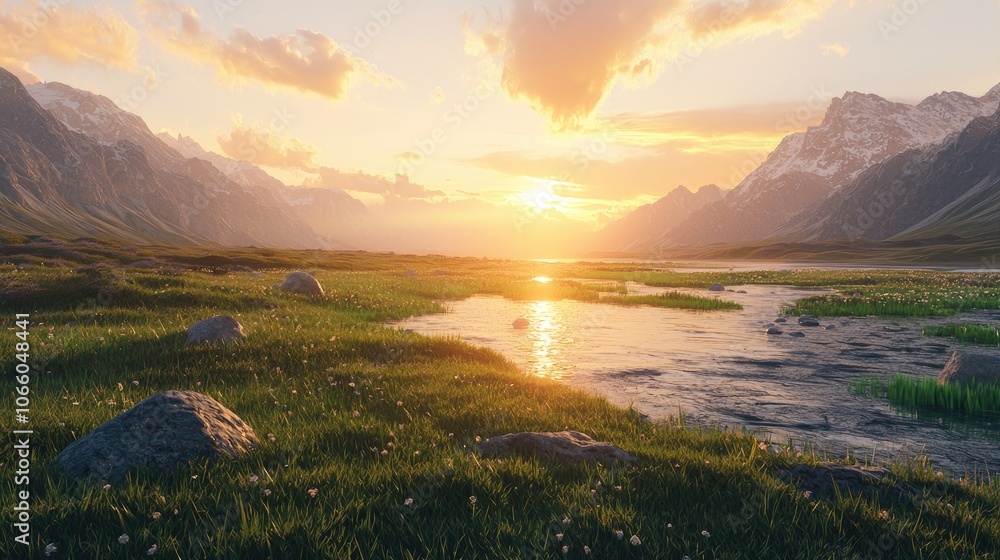Fototapeta premium A Serene Mountain River at Sunset with Lush Grass and Scattered Rocks