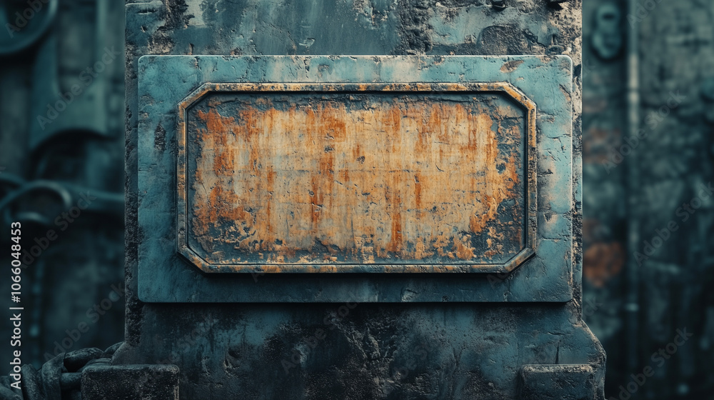 Rusted metal plaque on a textured, weathered surface with peeling paint and patina Rusted metal plaque on a textured, weathered surface with peeling paint and patina