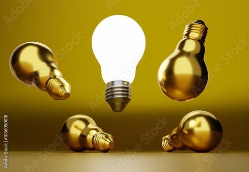 glowing light bulb surrounded by metallic light bulbs