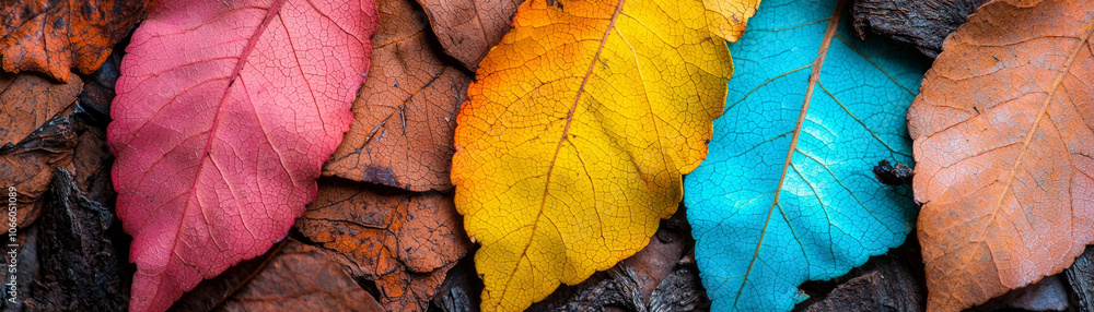 Obraz premium Colorful autumn leaves in vibrant shades of red, orange, yellow, and blue create stunning visual display against textured background. intricate details of leaf veins add to beauty of this seasonal