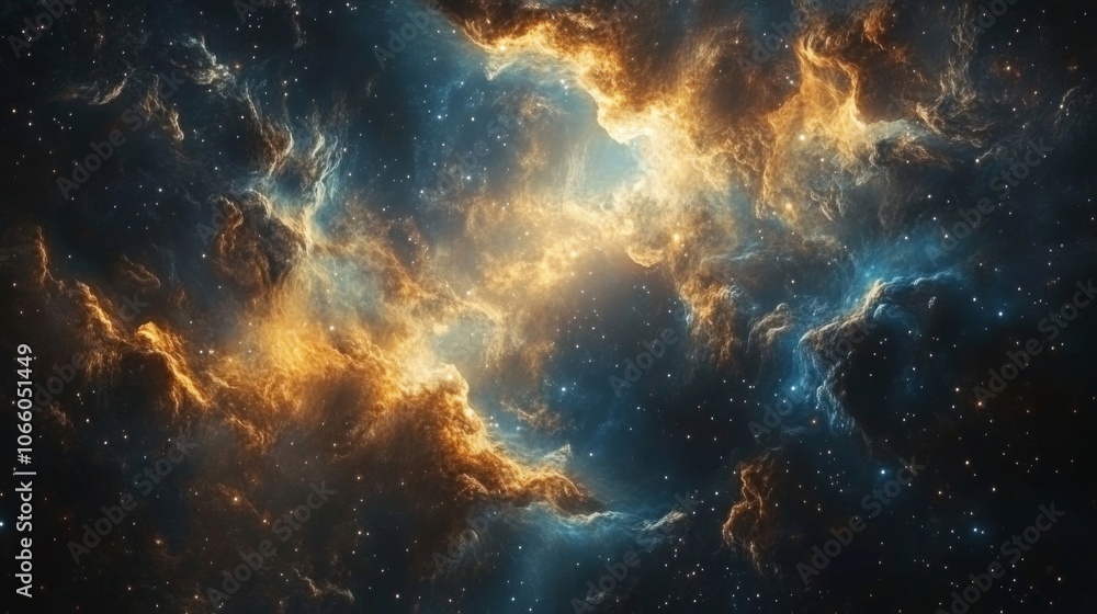 Obraz premium Cosmic Clouds of Gold and Blue in a Starry Sky