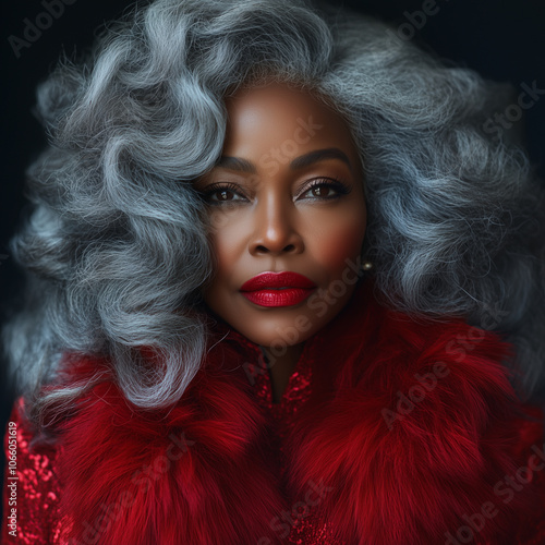 Middle Aged Black Woman with Silver Grey Hair Wearing a Red Fur Trimmed Sequin Blouse, Editorial Model Photography with Dark Background photo