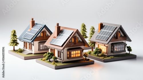 Three miniature houses with solar panels on their roofs, representing sustainable living and renewable energy.