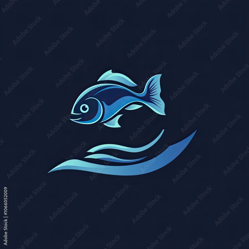 Fototapeta premium Stylized Blue Fish Leaping Over Blue Waves