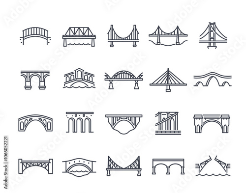 Set of Bridge line icons. Simple symbols with famous bridges, suspension and stone bridges. Editable stroke. Design element for app. Outline vector illustration collection isolated on white background