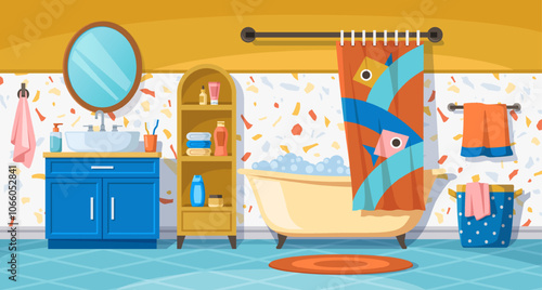 Baby bathroom Interior. Colorful banner with bath furniture, bathtub, washbasin and hygiene products. Washing and cleansing body. Interior design. Cartoon flat vector illustration