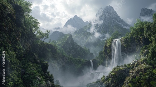 Lush Green Valley with Majestic Waterfall and Misty Mountains