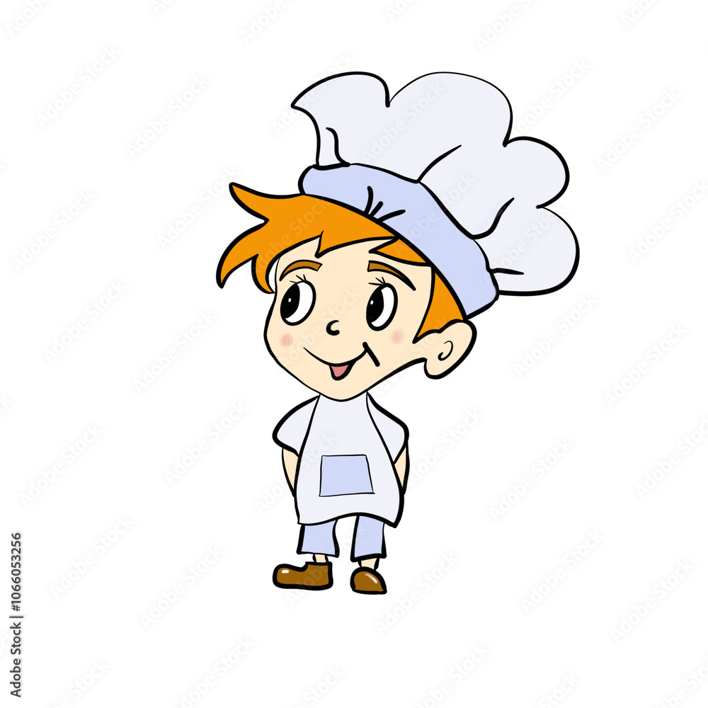Obraz premium Cartoon illustration of a boy chef wearing a big white hat and an apron, sticker on transparent background with white outline