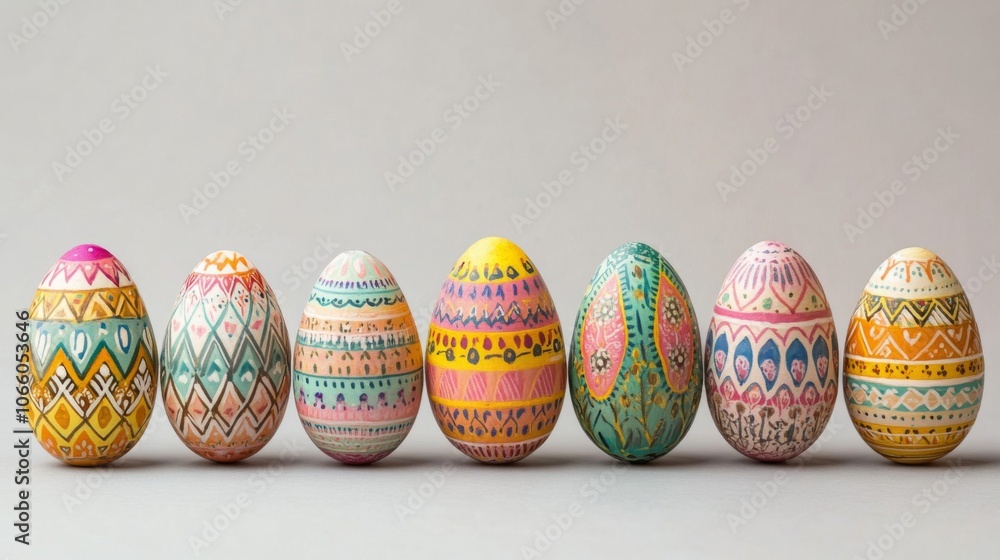 Fototapeta premium Six Decorated Easter Eggs with Intricate Patterns