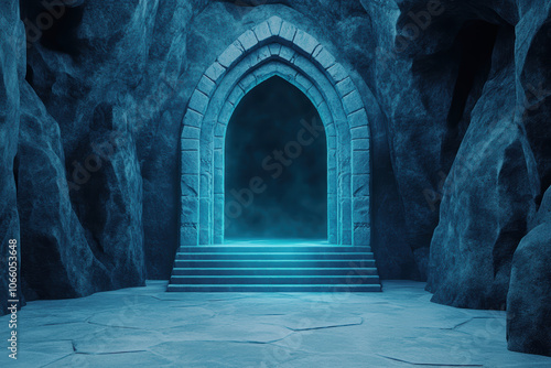 Mystical Stone Archway in Cave with Illuminated Steps and Mysterious Glow photo