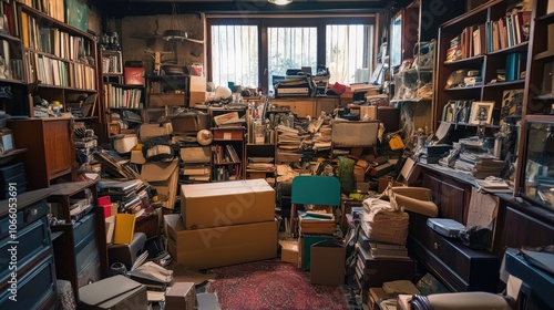 Wallpaper Mural A cluttered room filled with piles of miscellaneous items, boxes, and old furniture, symbolizing the overwhelming chaos of hoarder disorder. Torontodigital.ca