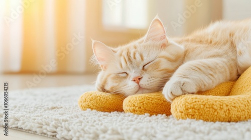 Orange tabby cat peacefully napping on a cozy yellow blanket in warm sunlight, AI photo