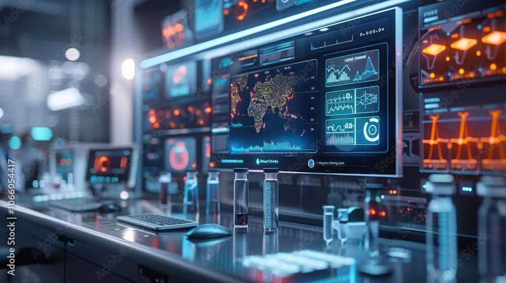 Futuristic Control Room with Data Displays Futuristic Control Room with Data Displays