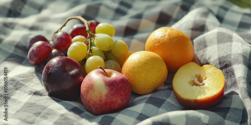 Fresh picnic fruit arrangement on checkered blanket in sunlight