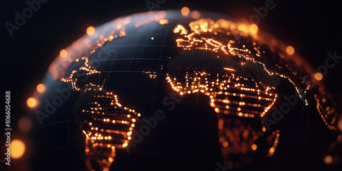 Global network lights glowing on digital Earth globe, world data connectivity, gold on black background