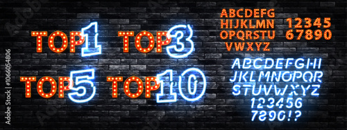 Vector set of neon sign of Top 1, Top 3, Top 5 and Top 10 logo with alphabet font isolated on wall background.