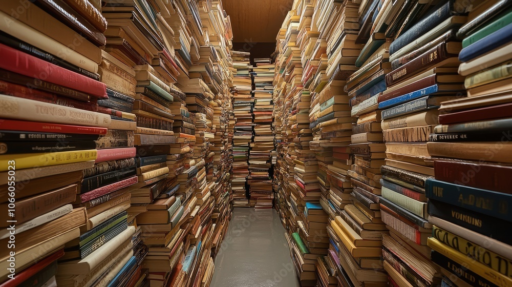 Obraz premium A narrow hallway filled with towering stacks of books, leaving only a small path through, representing the hoarding of books in extreme disorder.