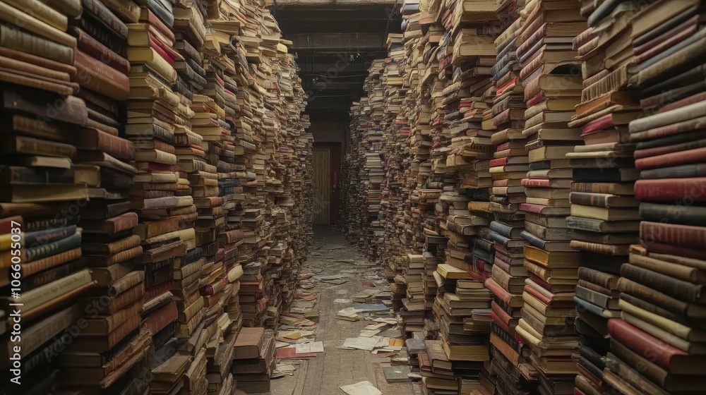 Obraz premium A narrow hallway filled with towering stacks of books, leaving only a small path through, representing the hoarding of books in extreme disorder.