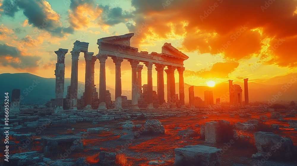 Fototapeta premium Ancient ruins of a temple with a stunning sunset backdrop. The remains of the temple are seen with pillars and walls against a vivid orange and purple sky, creating a dramatic and historical scene.