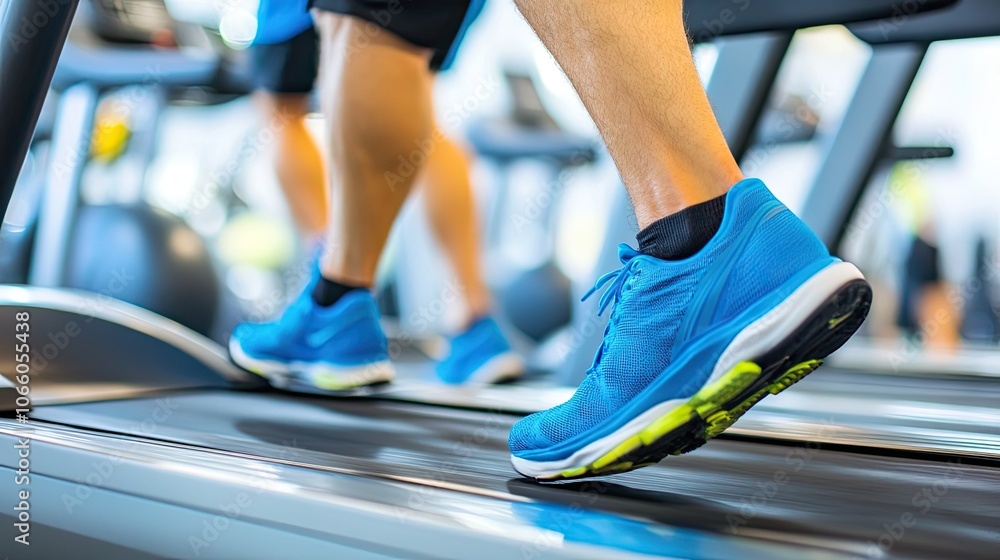 Fototapeta premium A person running on a treadmill at the gym, with a focus on maintaining a weekly goal of 150 minutes of cardio exercise.