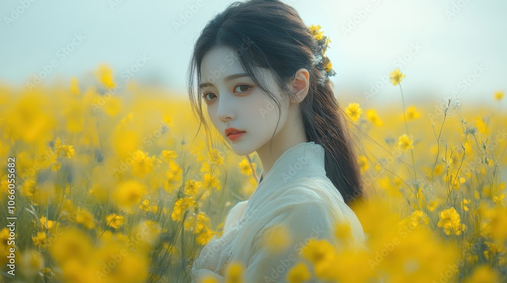 Naklejka premium A young woman with long dark hair stands in a field of yellow flowers, looking directly at the camera. She is wearing a white dress and has a soft smile on her face.