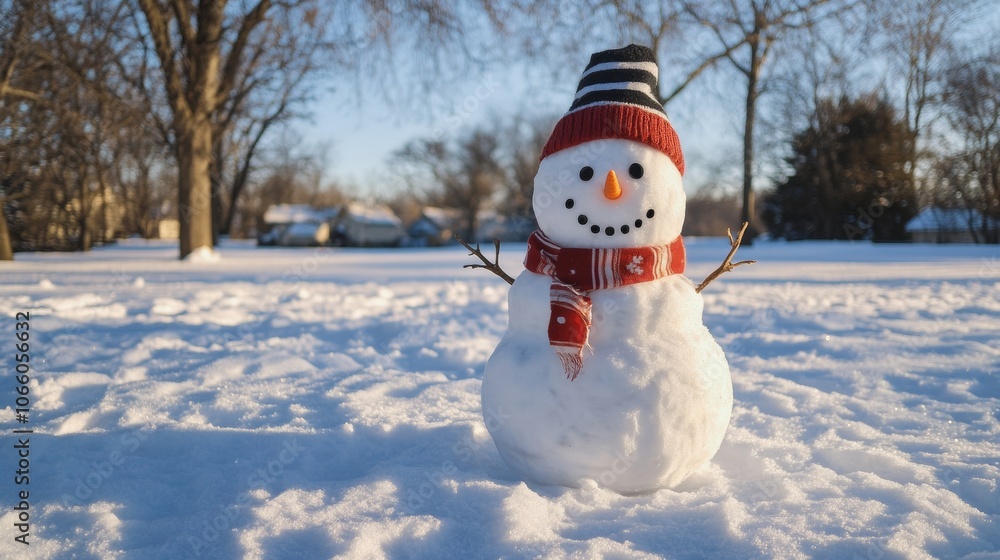 Obraz premium snowman in the snow at a sunrise