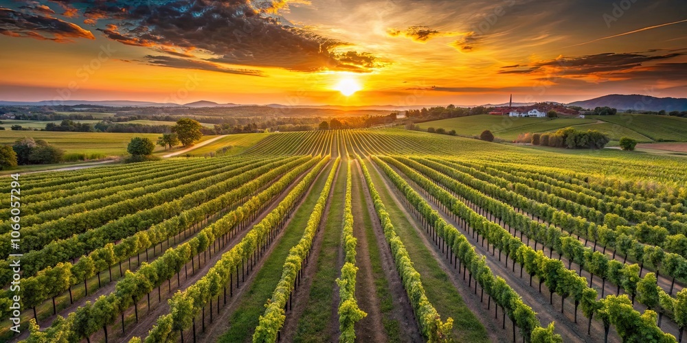 Aerial view of a vineyard on trellises at sunset, vineyard, trellises, sunset, aerial view, agriculture, grapevines, winery Aerial view of a vineyard on trellises at sunset, vineyard, trellises, sunset, aerial view, agriculture, grapevines, winery