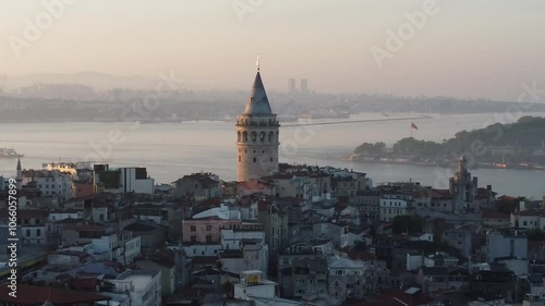 Istanbul Skyline Drone Footage Featuring Iconic Galata Tower, Bosphorus Views, and Historic Architecture in a Stunning Aerial Cityscape
