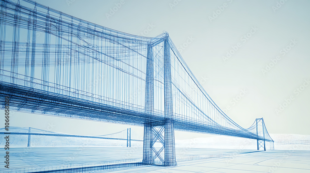 Fototapeta premium Wireframe blueprint of a modern suspension bridge on blue background