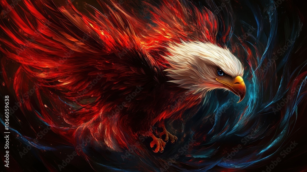 Fototapeta premium Fiery Eagle with Abstract Red and Blue Feathers on Black Background.