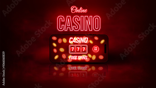 Casino online banner with mobile. Casino slot machine and poker chips with neon elements on a dark red background. Vector illustration