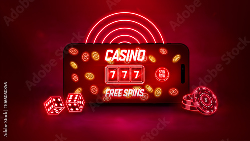Banner online casino. Glowing mobile casino advertisement concept with spin button. Vector illustration
