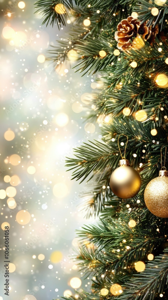 This close-up features a decorated Christmas tree with a shimmering golden ornament, set against twinkling bokeh lights and garland This close-up features a decorated Christmas tree with a shimmering golden ornament, set against twinkling bokeh lights and garland