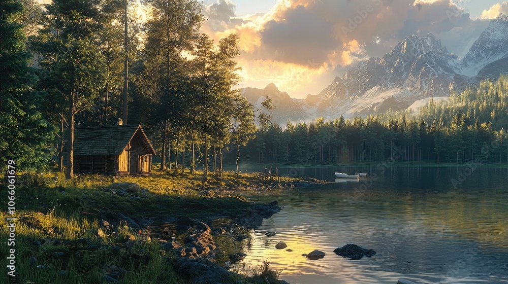 Fototapeta premium A Cabin Nestled in a Forest by a Mountain Lake at Sunset