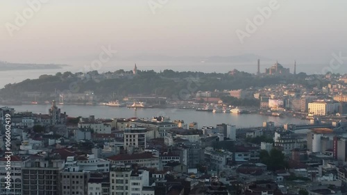 Istanbul Skyline Drone Footage Featuring Iconic Galata Tower, Bosphorus Views, and Historic Architecture in a Stunning Aerial Cityscape
