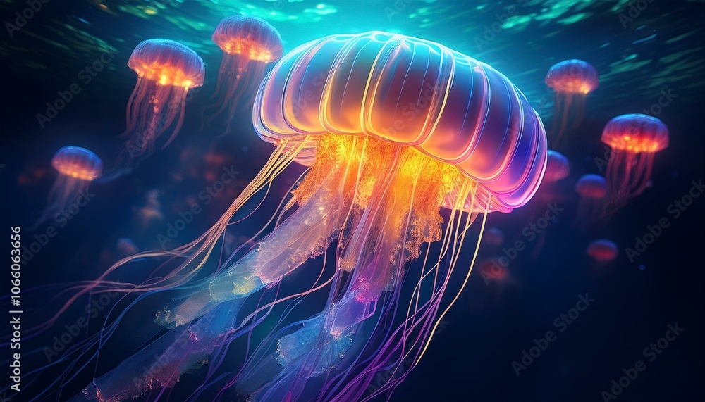 Glowing jellyfish underwater Glowing jellyfish underwater