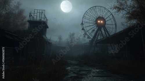 Abandoned Amusement Park Under a Gloomy Full Moon