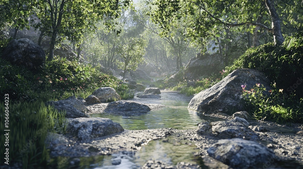 Fototapeta premium A Sunlit Creek Winding Through a Lush Forest