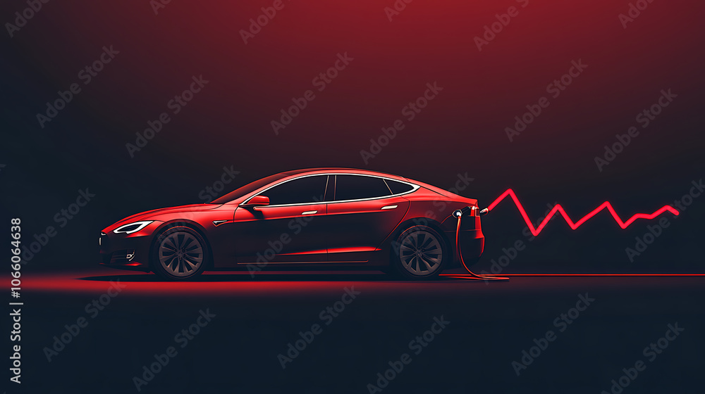 Naklejka premium Electric vehicle with charging cable and a red downward trend line indicating a drop in ev sales