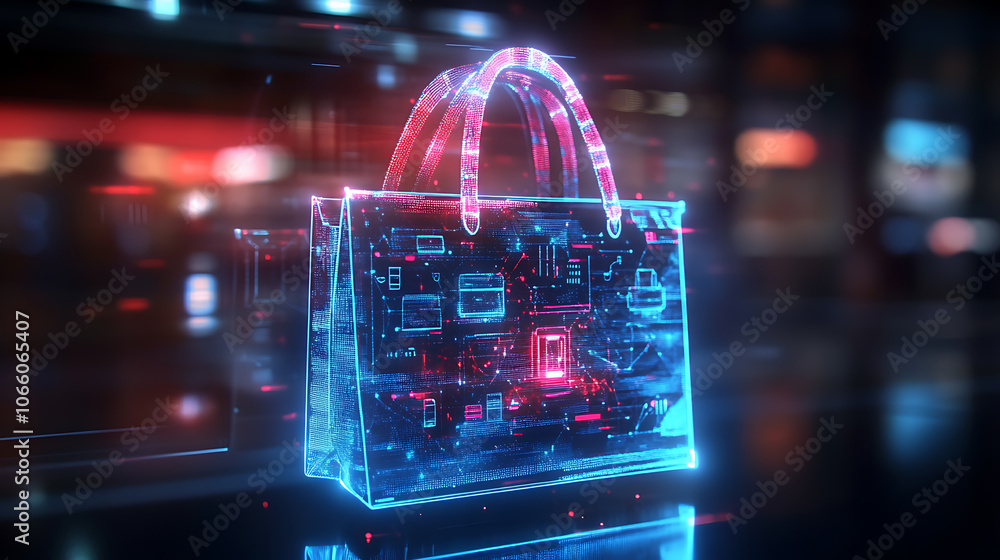 Obraz premium Digital shopping bag with glowing tech elements, symbolizing e-commerce and online shopping