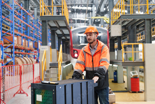 Mechanical engineer design of Electric Locomotives holding using laptop and tablet on maintenance plant of sky Train, Public Modern Clever transportation and transport for commuter transport,