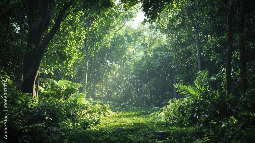 Obraz premium A Sunlit Path Through a Lush Green Forest