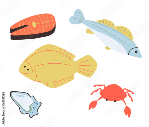 Seafood menu vector illustration set. Cartoon raw marine sea or ocean food collection with tuna trout salmon flounder fishes, lobster shrimp caviar mussel squid octopus tentacles isolated on white