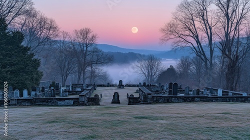 A Graveyard Overlooking a Foggy Valley Under a Full Moon