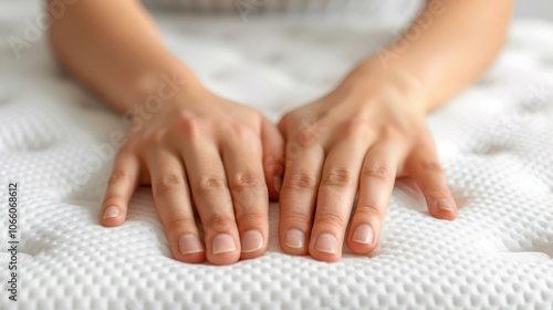 Wallpaper Mural Discover the bliss of comfort as a woman softly touches a plush white mattress, showcasing its cozy elegance. Experience indulgence Torontodigital.ca